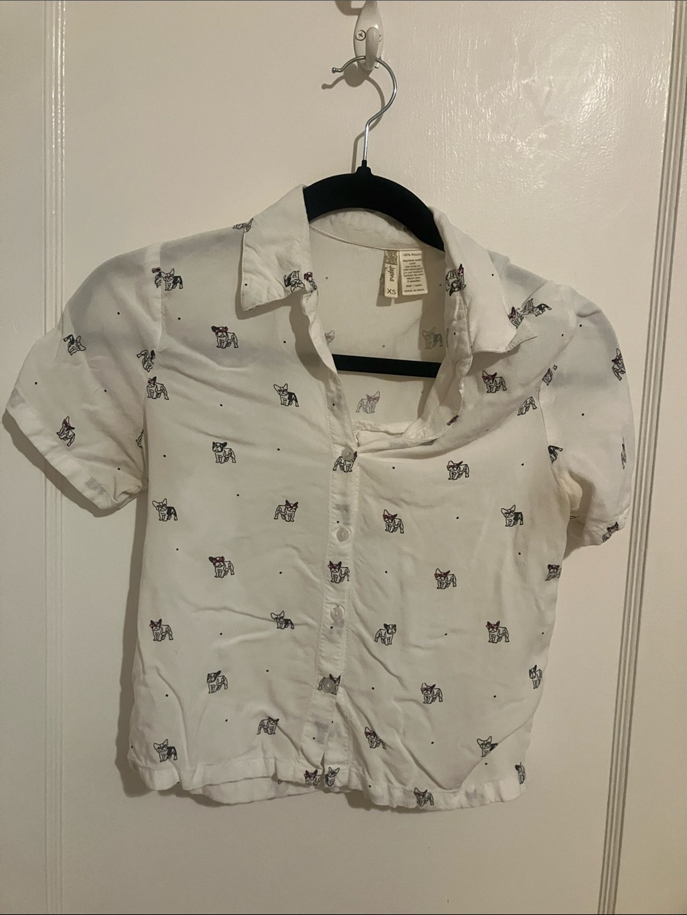 Japna White Short-Sleeve Button-Down Shirt with Dog Print